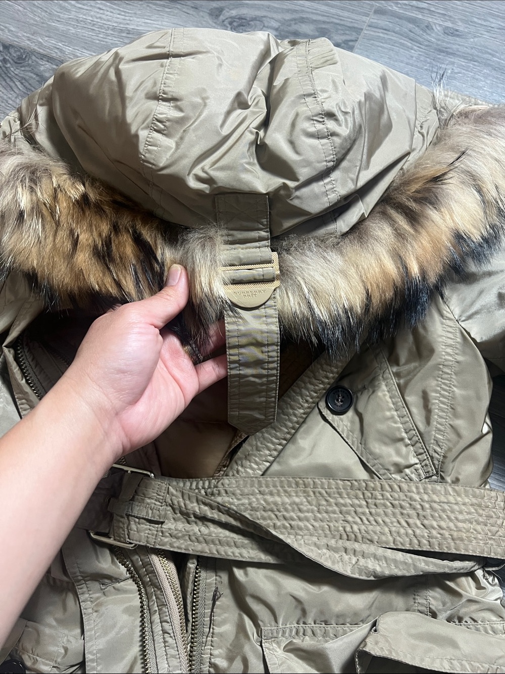 3-in 1 Burberry Beige/Tan Quilted Hooded Belted Parka with Faux Fur Trim - Picture 10 of 16